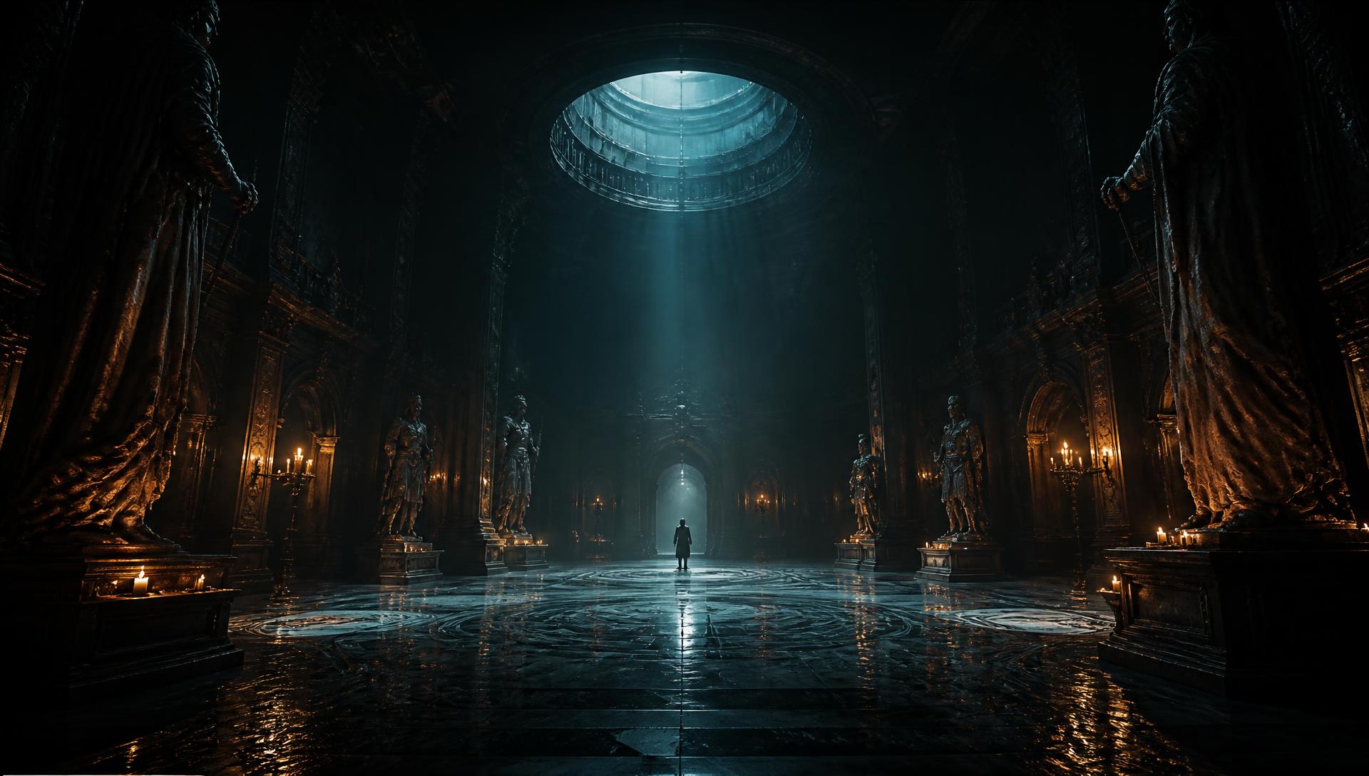 A lone figure standing inside the vast Chamber Protocol rotunda